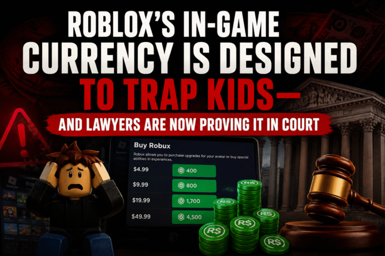 Roblox Robux lawsuit illustration showing in-game currency allegedly designed to encourage compulsive spending among children